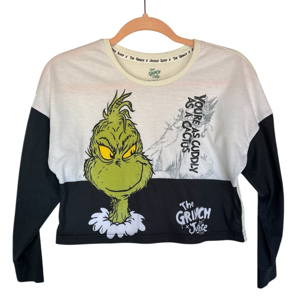 JUSTICE THE GRINCH PULL OVER CROP PJs TOP GRAPHIC GRINCH WITH BLACK SLEEVES M 10